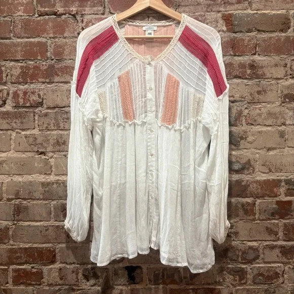 Sundance Constance Crochet Trim Pintuck Blouse Womens Small White Red Boho Top - Picture 2 of 5